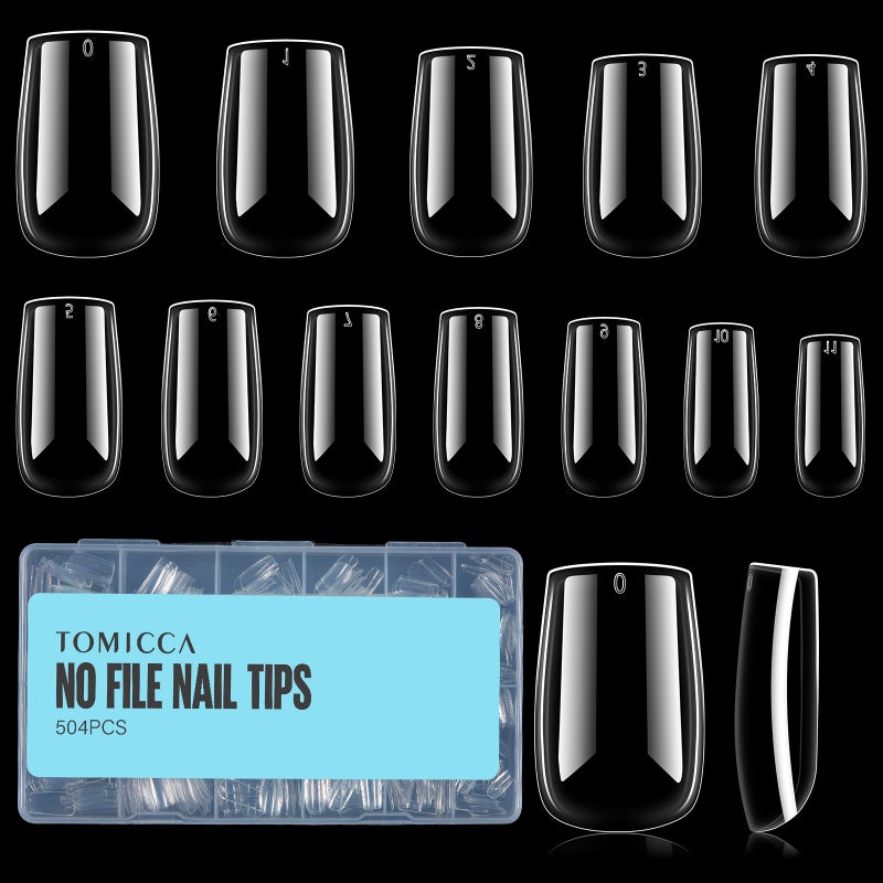 TOMICCA Short Square Nail Tips, 504Pcs Clear Press on Nails Square Full Cover Nail Tips Clear False Press on Nails, Soft Tips for Gel Nail Extension DIY Nail Salon 12 Sizes - Image 1