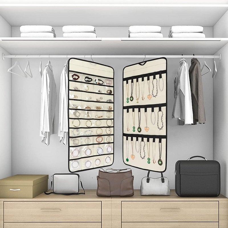 ASFUN Double-Sided Hanging Jewelry Organizer – 24 Clear Pockets & 15 Hook Loops for Necklaces, Bracelets, Rings & Earrings – Space-Saving Jewelry Storage with Hanger (Beige) - Image 5