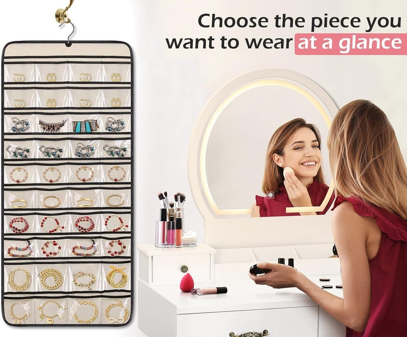 ASFUN Double-Sided Hanging Jewelry Organizer – 24 Clear Pockets & 15 Hook Loops for Necklaces, Bracelets, Rings & Earrings – Space-Saving Jewelry Storage with Hanger (Beige) - Image 3