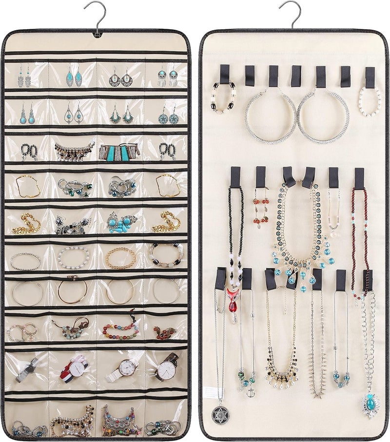 ASFUN Double-Sided Hanging Jewelry Organizer – 24 Clear Pockets & 15 Hook Loops for Necklaces, Bracelets, Rings & Earrings – Space-Saving Jewelry Storage with Hanger (Beige) - Image 1