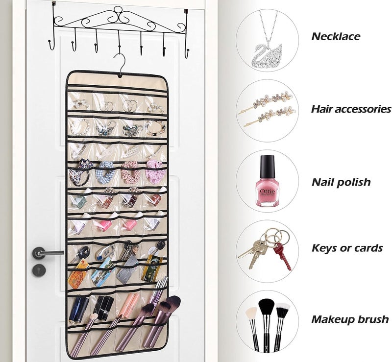 ASFUN Double-Sided Hanging Jewelry Organizer – 24 Clear Pockets & 15 Hook Loops for Necklaces, Bracelets, Rings & Earrings – Space-Saving Jewelry Storage with Hanger (Beige) - Image 4