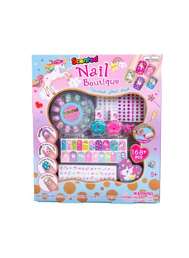 Hot Focus Scented Nail Boutique 168 Piece Unicorn Nail Art Kit Includes Press On Nails Nail Patches Nail Stickers Nail Polishes Nail File And Ring Nontoxic Water Based Peel Off Nail Polish - Image 1