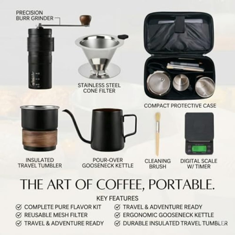 Portable pour over coffee set for home, camping travel: stainless steel V60 grinder and brewer, black finish, precision grind control and integrated digital scale - Image 2