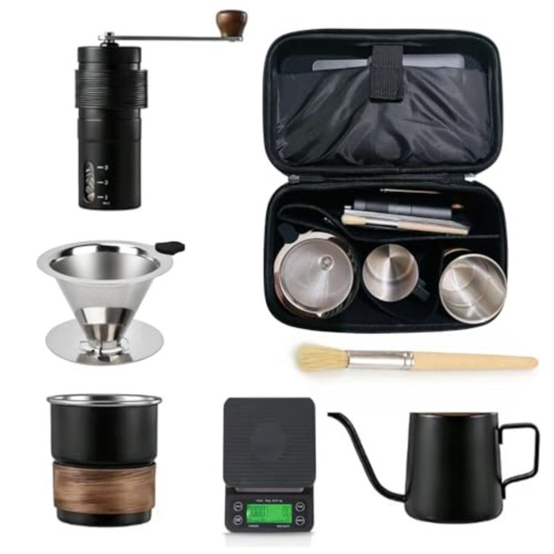 Portable pour over coffee set for home, camping travel: stainless steel V60 grinder and brewer, black finish, precision grind control and integrated digital scale - Image 1