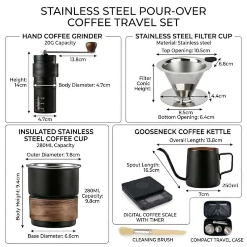 Portable pour over coffee set for home, camping travel: stainless steel V60 grinder and brewer, black finish, precision grind control and integrated digital scale - Image 5