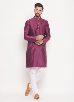 Men's Purple And White Silk Blend Kurta Pyjama Set