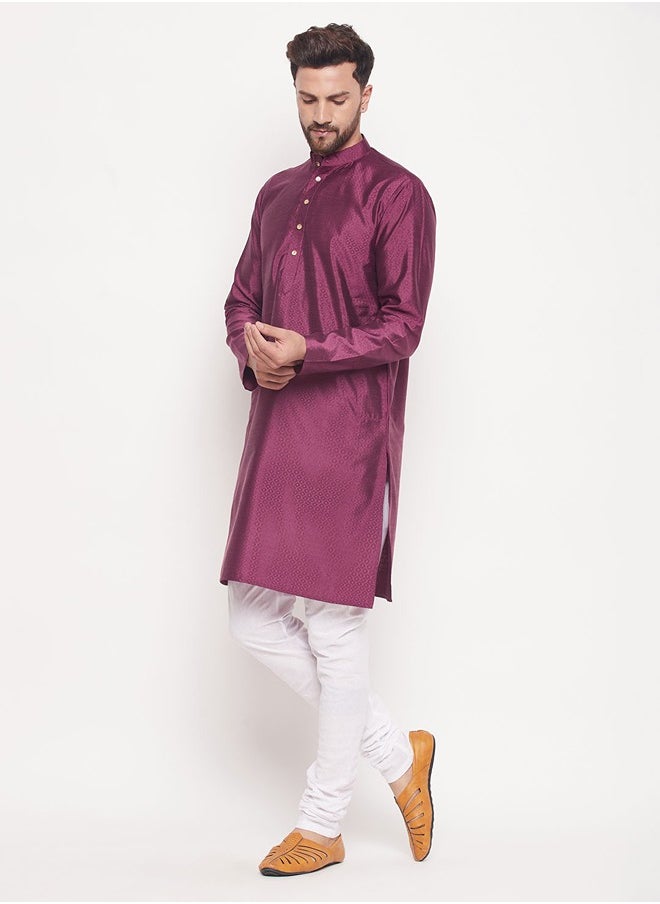 PRASHA - Men's Purple And White Silk Blend Kurta Pyjama Set - Image 1