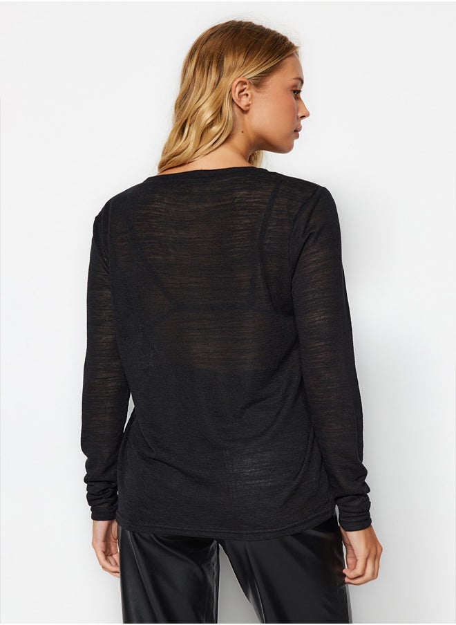 trendyol - Black V Neck Linen Look Long Sleeve Regular Fit Knitted Blouse TWOAW24BZ00054 - Image 1