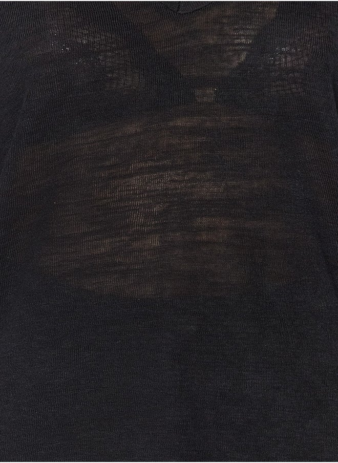 trendyol - Black V Neck Linen Look Long Sleeve Regular Fit Knitted Blouse TWOAW24BZ00054 - Image 1