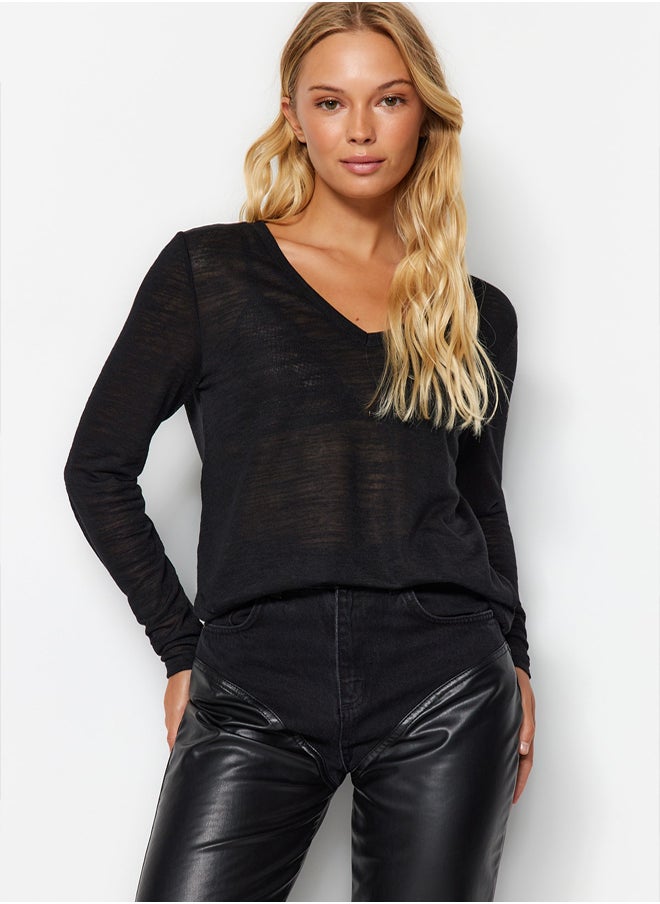 trendyol - Black V Neck Linen Look Long Sleeve Regular Fit Knitted Blouse TWOAW24BZ00054 - Image 1
