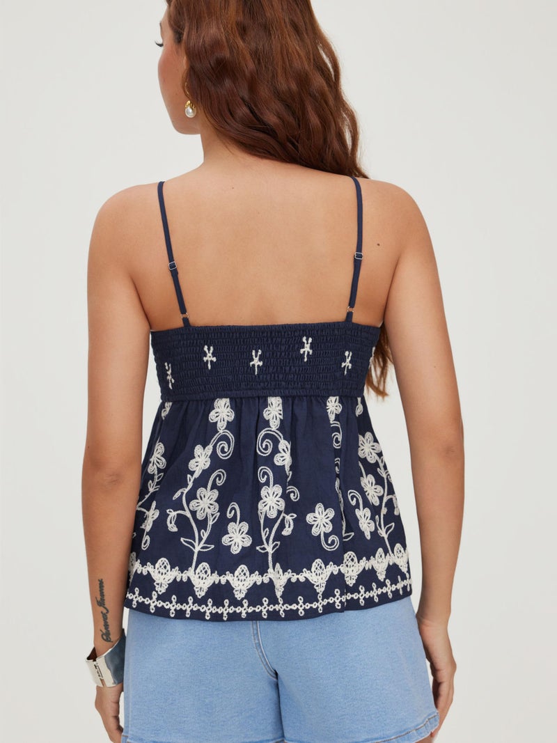 CIDER Sleeveless Boho Tops for Women Embroidered Lace Spaghetti Strap Crop Cami Top Tie Front Going Out Outfit Dark Navy - Image 4