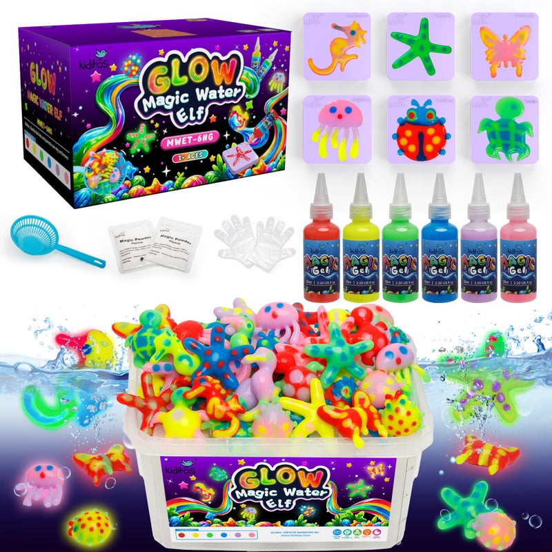 Kiditos Glow in The Dark Magic Water Elf Toy Kit-Squishies for Kids, 6 Gels & 6 Molds, Magic Gel Water Pets Sensory Toy, Fun DIY Craft Kit, Party Favors, Birthday & Christmas Gifts for Kids Ages 3+ - Image 1