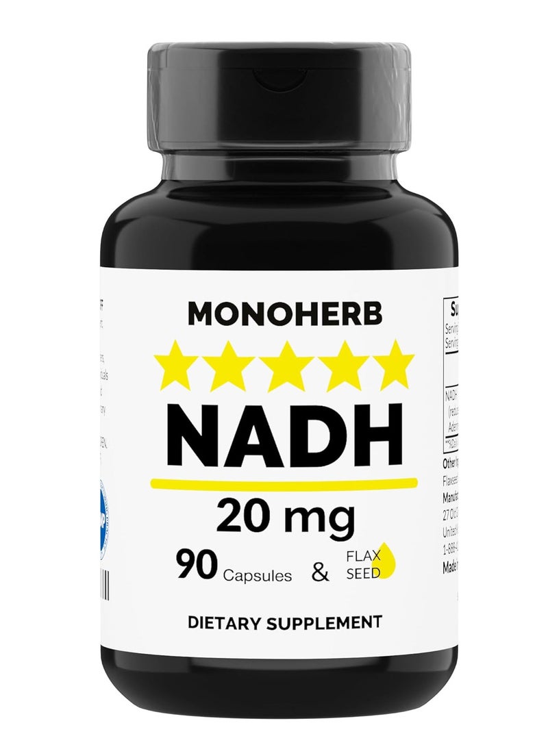 NADH 20 mg - 90 Vegetarian Capsules - Reduced Nicotinamide Adenine Dinucleotide Supplement - Made in USA - Image 1