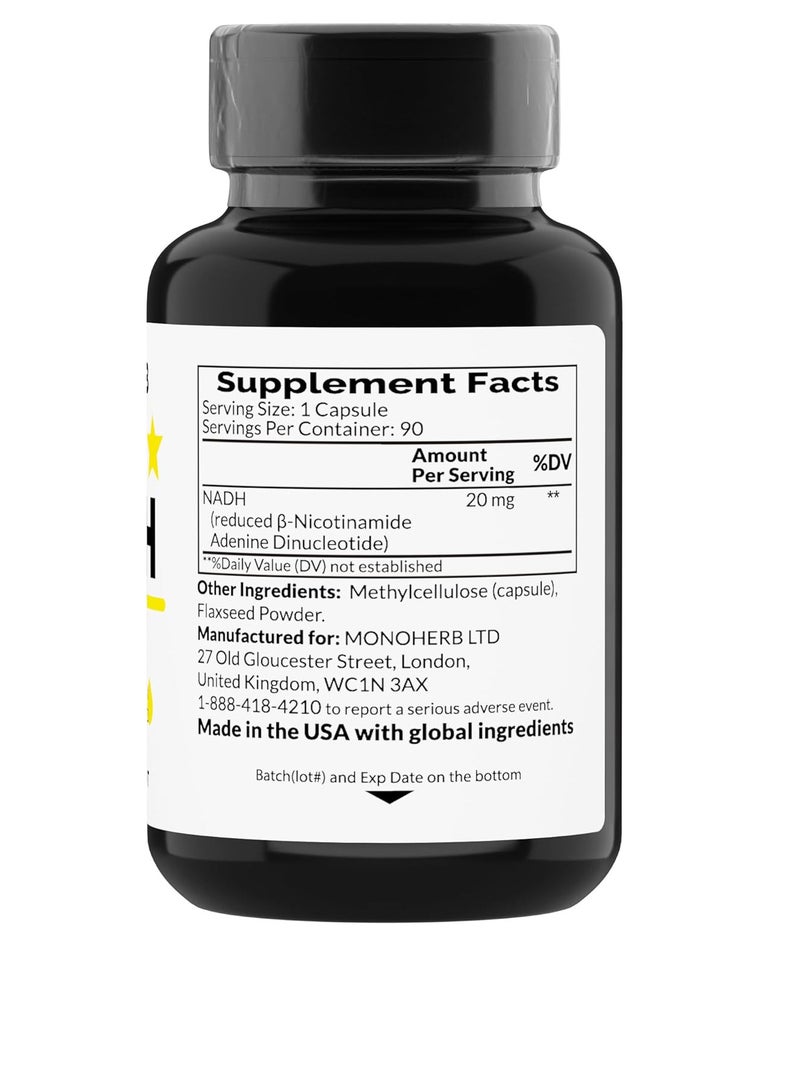 NADH 20 mg - 90 Vegetarian Capsules - Reduced Nicotinamide Adenine Dinucleotide Supplement - Made in USA - Image 2