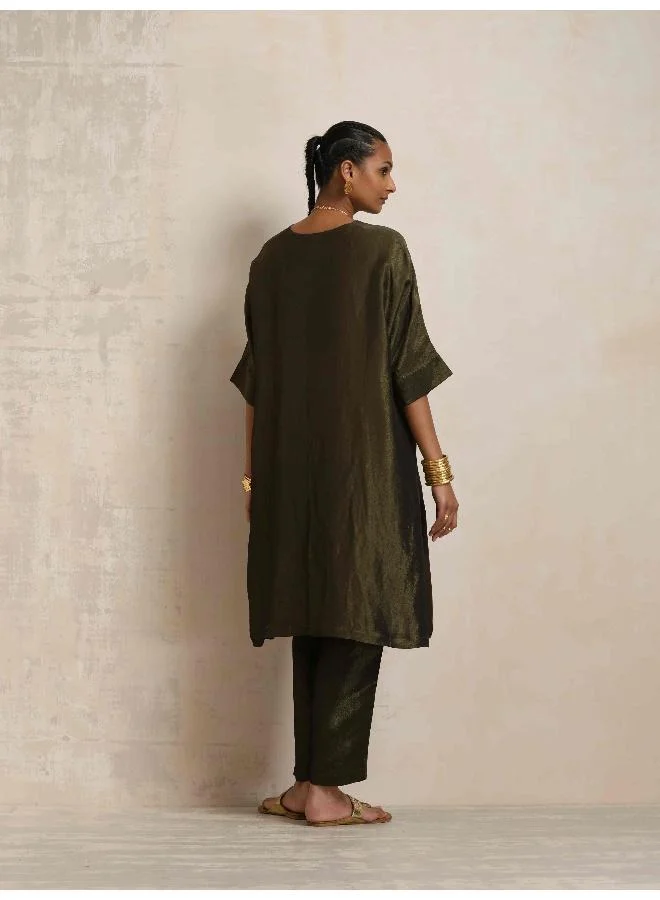 ترو برونز trueBrowns Olive Green Tissue Kurta Co-ord Set