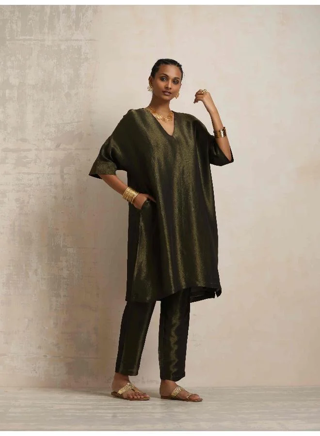 ترو برونز trueBrowns Olive Green Tissue Kurta Co-ord Set