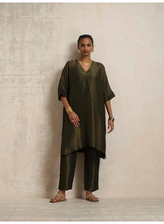 ترو برونز trueBrowns Olive Green Tissue Kurta Co-ord Set