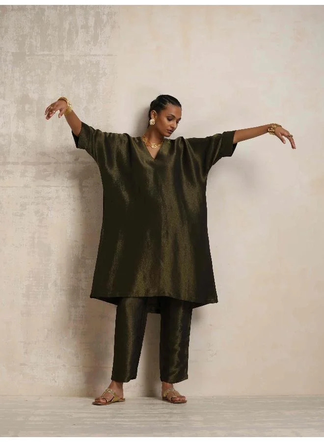 ترو برونز trueBrowns Olive Green Tissue Kurta Co-ord Set