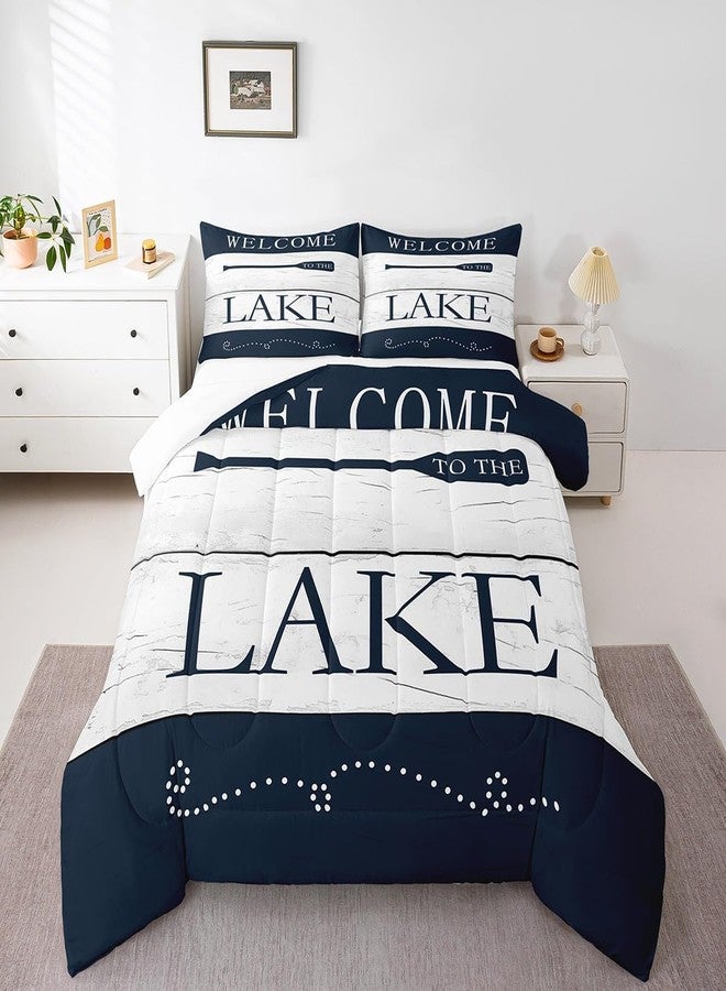 Castle Fairy Lake House Themed Comforter Set Twin Size,Go Boating Paddle Lake Time Bedding Set for Kids Boys Men,Retro Navy White Wooden Board Quilted Duvet Set with 1 Pillowcase - Image 1