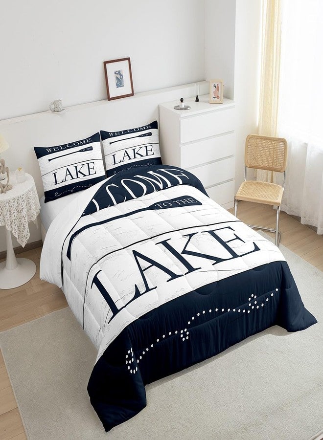Castle Fairy Lake House Themed Comforter Set Twin Size,Go Boating Paddle Lake Time Bedding Set for Kids Boys Men,Retro Navy White Wooden Board Quilted Duvet Set with 1 Pillowcase - Image 5