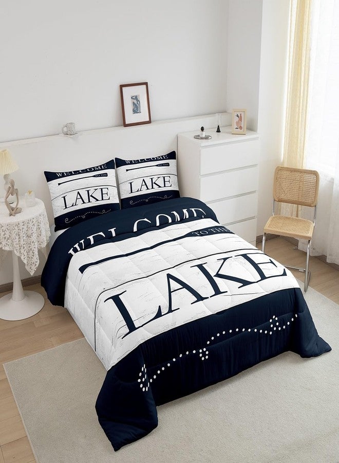 Castle Fairy Lake House Themed Comforter Set Twin Size,Go Boating Paddle Lake Time Bedding Set for Kids Boys Men,Retro Navy White Wooden Board Quilted Duvet Set with 1 Pillowcase - Image 3