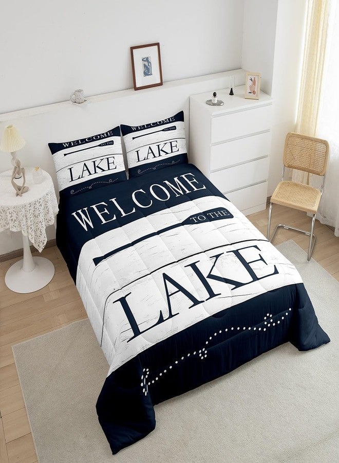 Castle Fairy Lake House Themed Comforter Set Twin Size,Go Boating Paddle Lake Time Bedding Set for Kids Boys Men,Retro Navy White Wooden Board Quilted Duvet Set with 1 Pillowcase - Image 4