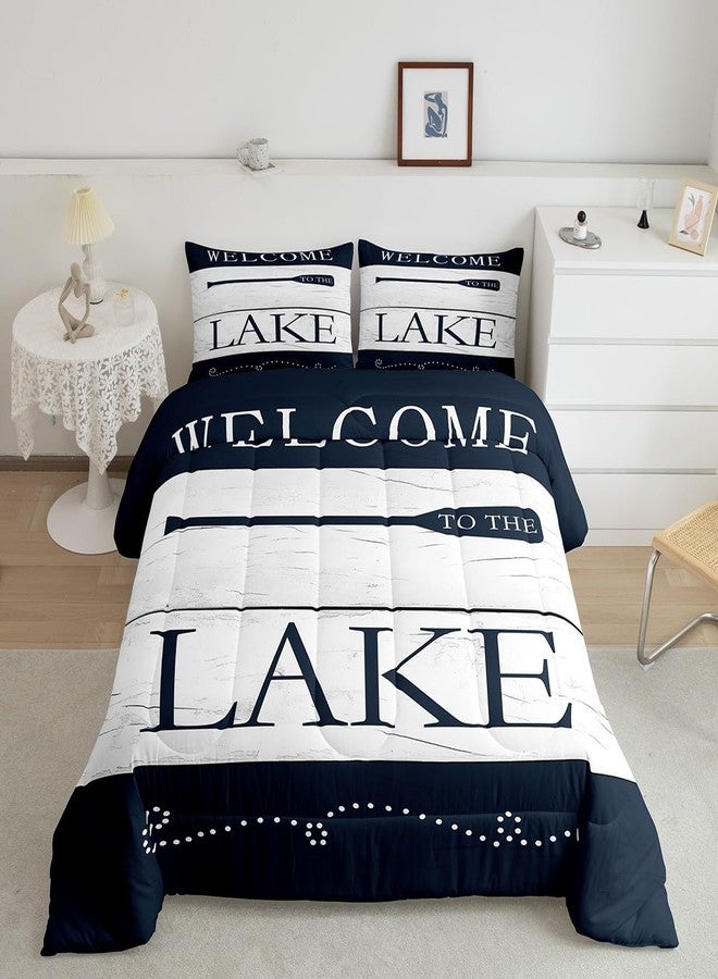 Castle Fairy Lake House Themed Comforter Set Twin Size,Go Boating Paddle Lake Time Bedding Set for Kids Boys Men,Retro Navy White Wooden Board Quilted Duvet Set with 1 Pillowcase - Image 2