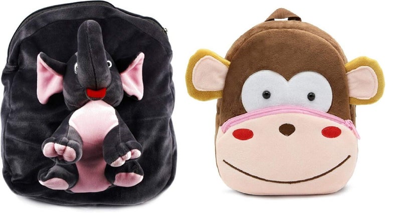 blue tree School Bag For Kids Soft Plush Backpack Combo Cartoon Bags Mini Travel Bag for for Girls Boys Toddler Baby (Full Body Elephant & Monkey) - Image 4