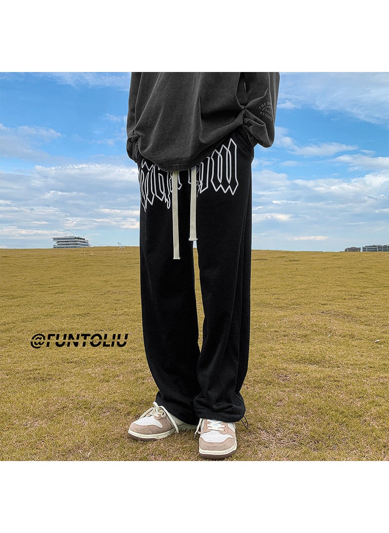 Generic - Retro American Drawstring Sweatpants for Men Black - Image 1