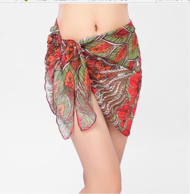 2025 summer European and American-style womens overskirt Amazon printed beach chiffon scarf draped skirt Red Flower