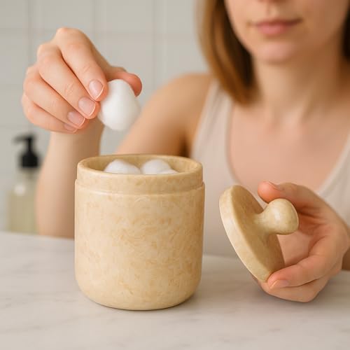 Creative Home Natural Champagne Marble Notch Collection Cotton Ball, Swab Holder Bathroom Storage Jar Container Organizer, 3.5" Diam. x 3.8" H, Beige - Image 4