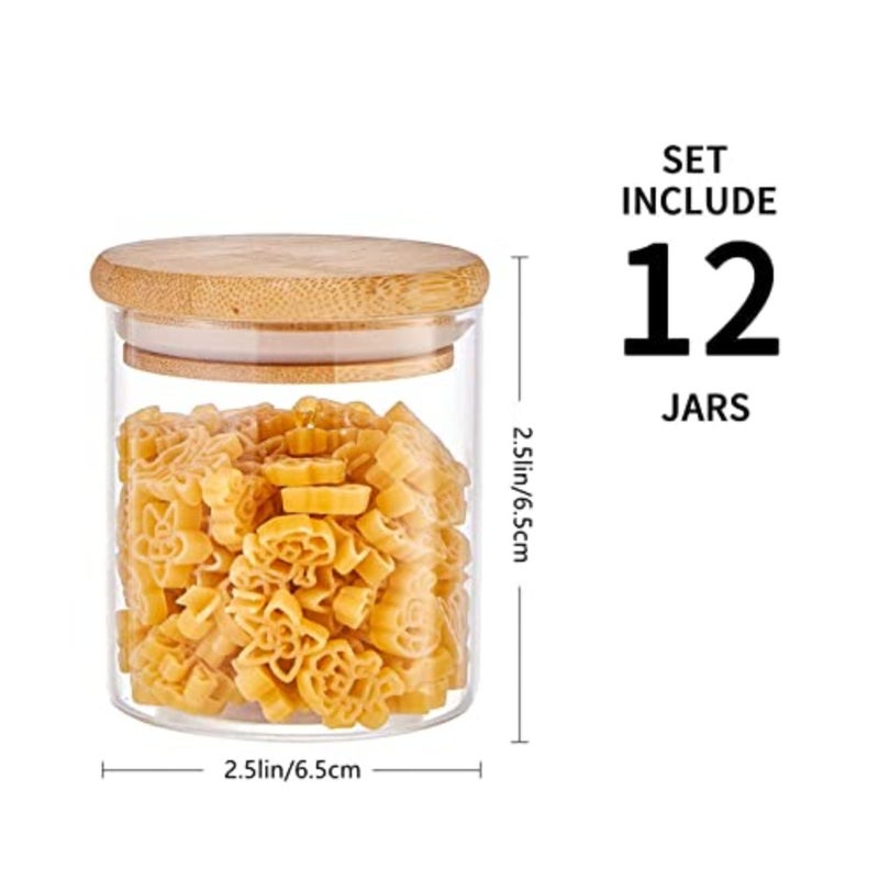(12) Bottles Glas Jar Set, Extra Small Air Tight Canister Storage Containers with Natural Bamboo Lids and Chalkboard Labels for Kitchen Spices, Bathroom, Party Favors 100ml/ 3.3oz. - Image 2