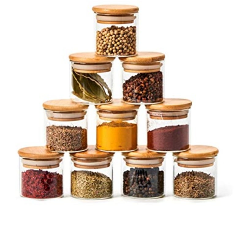 (12) Bottles Glas Jar Set, Extra Small Air Tight Canister Storage Containers with Natural Bamboo Lids and Chalkboard Labels for Kitchen Spices, Bathroom, Party Favors 100ml/ 3.3oz. - Image 1