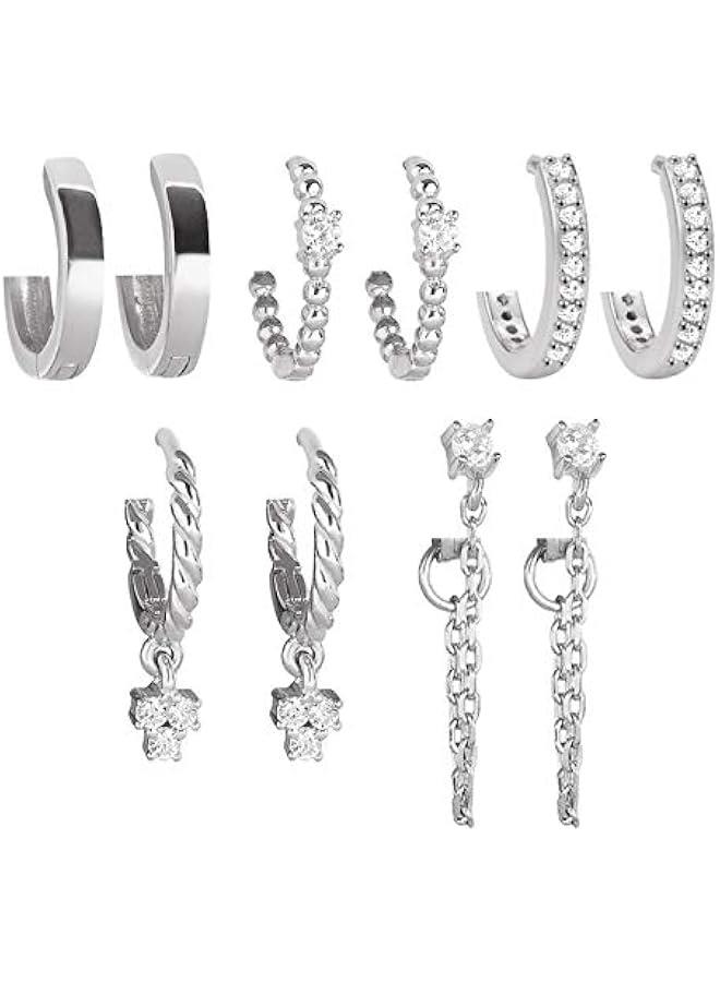 5 Pairs Gold Silver Huggies Hoop Earrings Set for Women, Small Dangle Chain Hoop Earrings Jewelry - Image 1