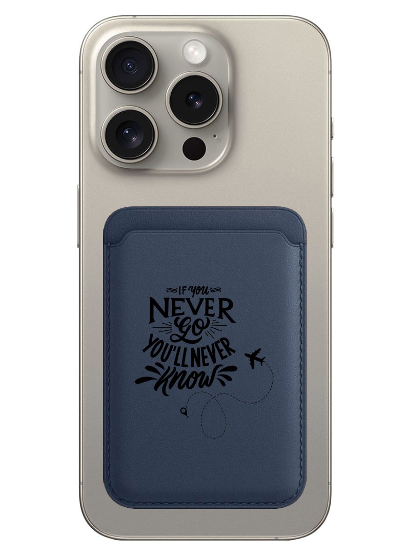 Theodor Magnetic Wallet, Compatible with MagSafe Wallet, for iPhone Wallet, for iPhone 16/15/14/13/12 Series, Not for iPhone 13/12 mini, 3 Card Holder, Vegan Leather, Navy - If you never go you will never Know - Image 1