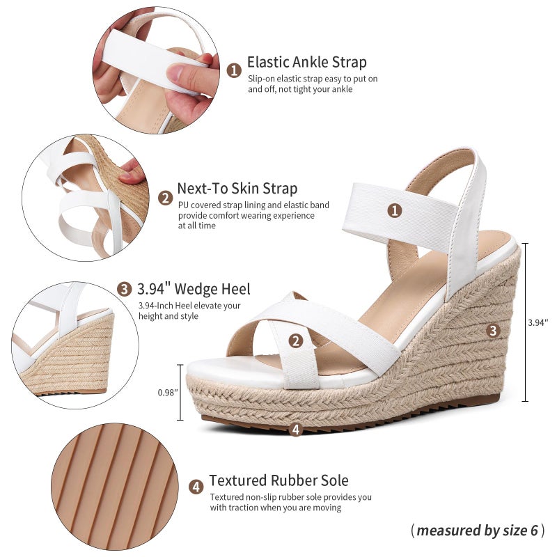 mikarka Women's Open Toe Espadrilles Wedge Sandal Slip On Elastic Ankle Strap Platform Sandals Dressy Comfortable Wedges Shoe White Size 8 - Image 4