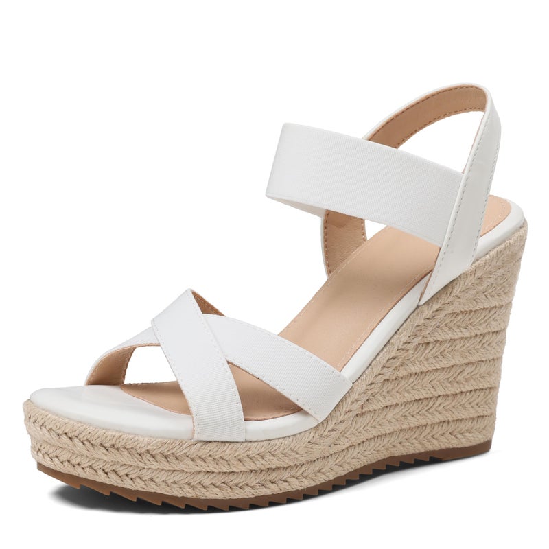 mikarka Women's Open Toe Espadrilles Wedge Sandal Slip On Elastic Ankle Strap Platform Sandals Dressy Comfortable Wedges Shoe White Size 8 - Image 1