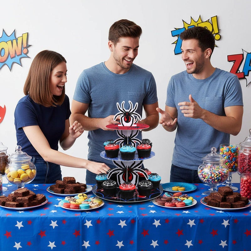 Widecook 3 Tier Spider Cupcake Stand Spider Birthday Party Decorations Cupcake Tower Hero Theme Cake Holder Hero Dessert Holder Table Display for Birthday Baby Shower Party Supplies - Image 5