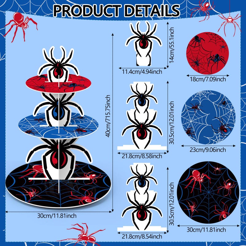 Widecook 3 Tier Spider Cupcake Stand Spider Birthday Party Decorations Cupcake Tower Hero Theme Cake Holder Hero Dessert Holder Table Display for Birthday Baby Shower Party Supplies - Image 2