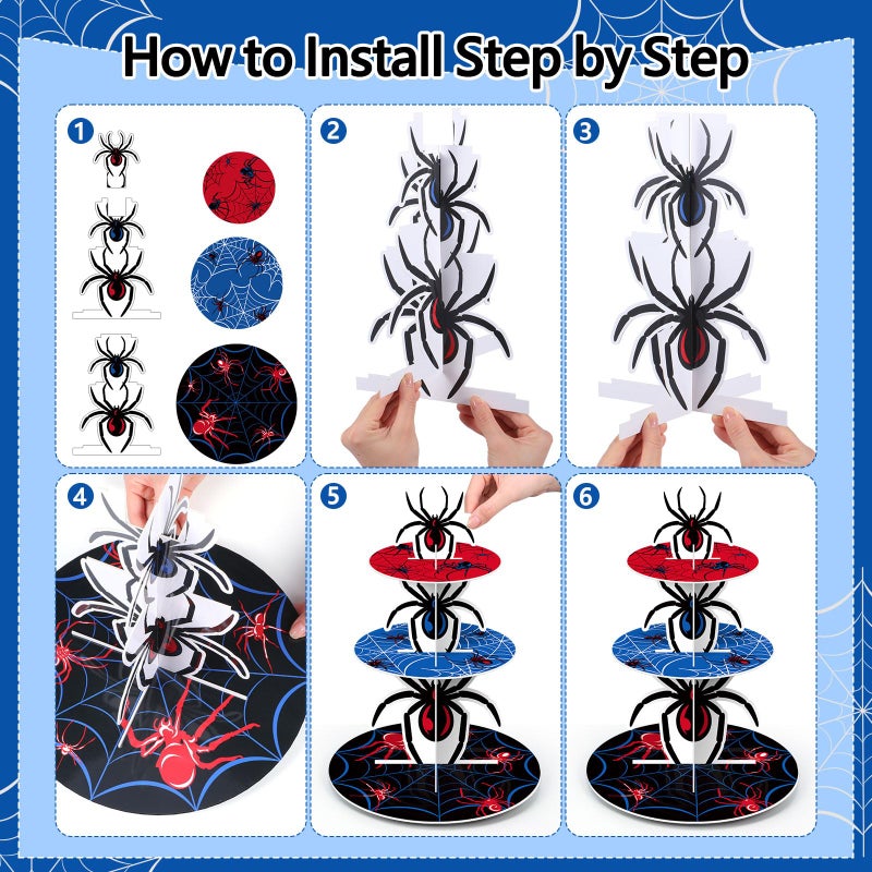 Widecook 3 Tier Spider Cupcake Stand Spider Birthday Party Decorations Cupcake Tower Hero Theme Cake Holder Hero Dessert Holder Table Display for Birthday Baby Shower Party Supplies - Image 3