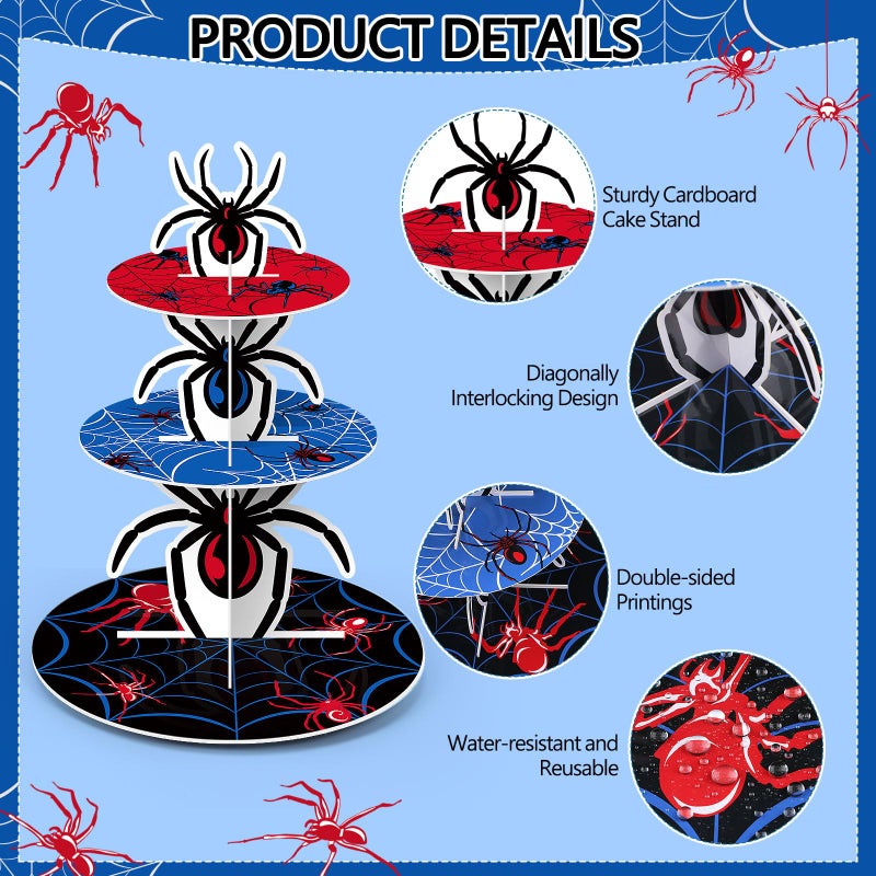 Widecook 3 Tier Spider Cupcake Stand Spider Birthday Party Decorations Cupcake Tower Hero Theme Cake Holder Hero Dessert Holder Table Display for Birthday Baby Shower Party Supplies - Image 4