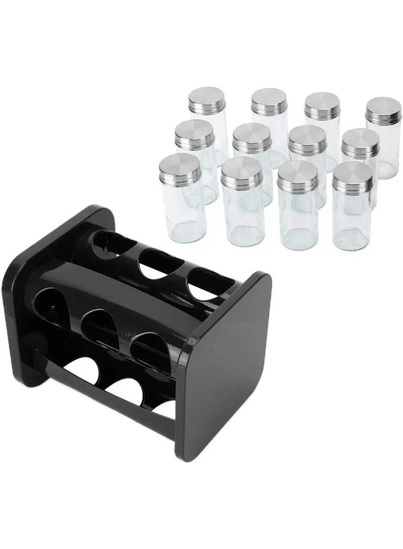 تيدي منظم رف توابل دوار 12 قطعة من ستانلس ستيل المقاوم للصدأ ومع علب بهارات زجاجية - Image 1