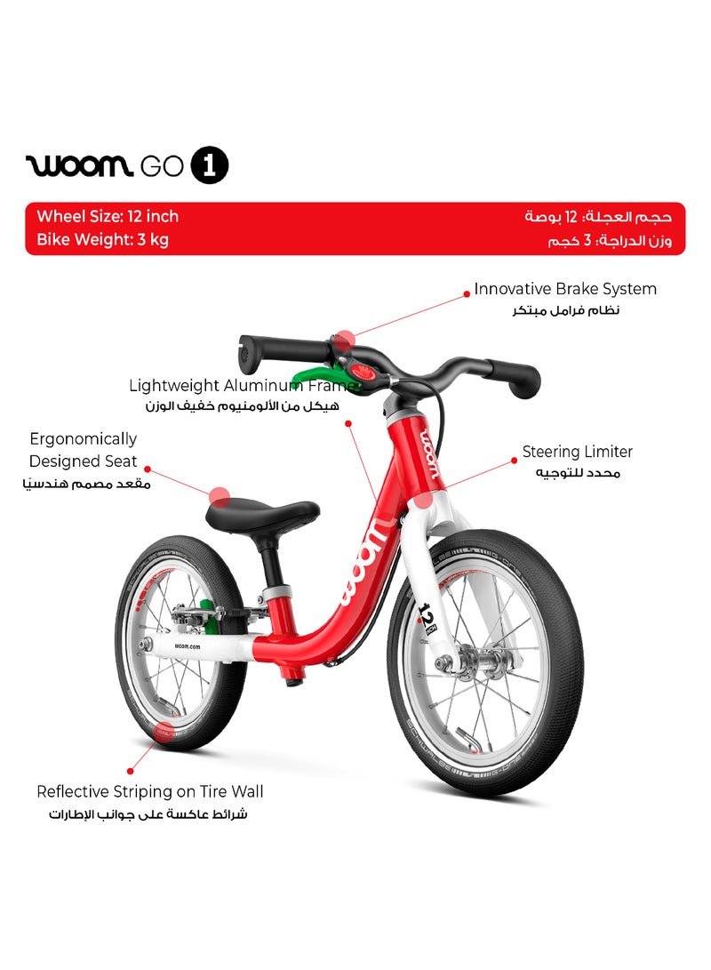 Woom GO 1 Balance Bike for Toddlers|12-inch Wheels|Lightweight Aluminum Frame|Rear Hand Brake|Ages 1.5-3.5|Woom Red - Image 2