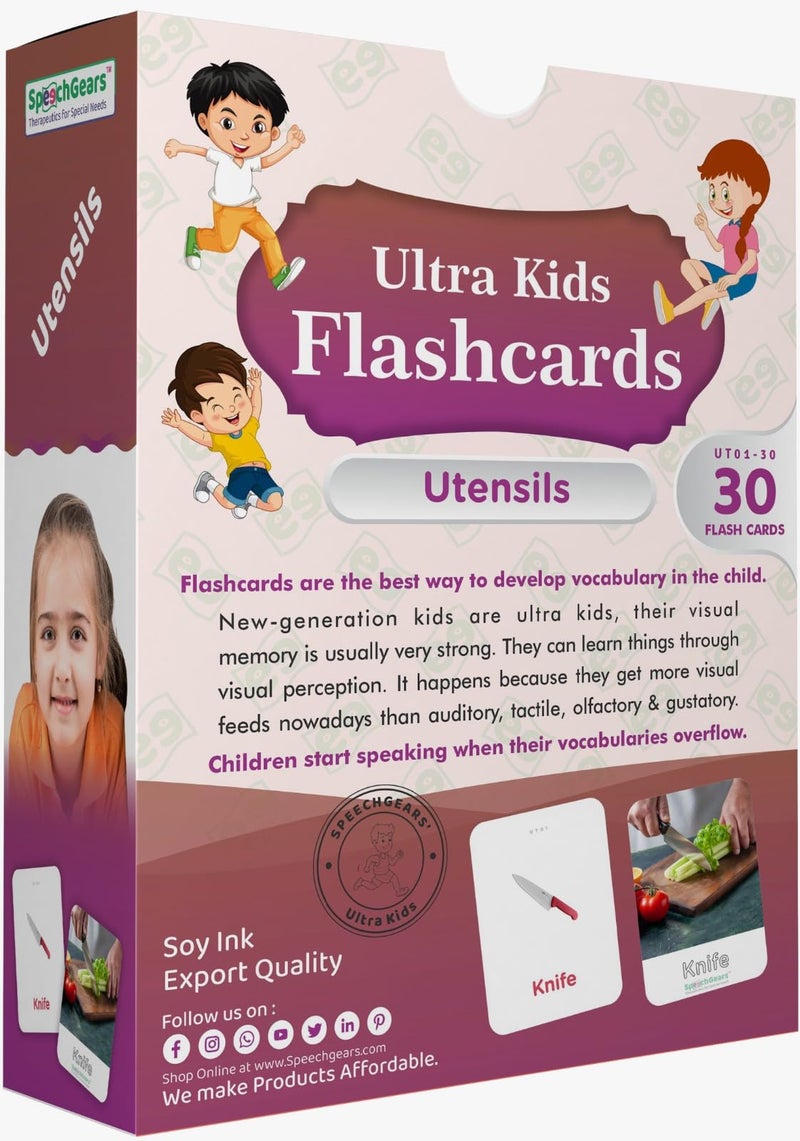 SpeechGears Early Learners Utensils Ultrakids Flash Cards Educational Toys Pack of 30 Cards - Image 1
