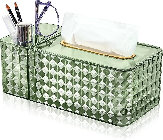OTIPORTER Tissue Box Cover Rectangle,Tissue Holder Napkin Dispenser for Bathroom Bedroom Living Room Office Clear Stand Makeup Vanity Rectangular Plastic Tissue Box (Green) - Image 1