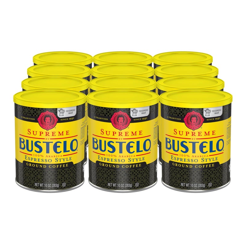 Supreme by Bustelo Espresso Style Ground Coffee Medium Dark Roast 10Oz Canister Pack of 12