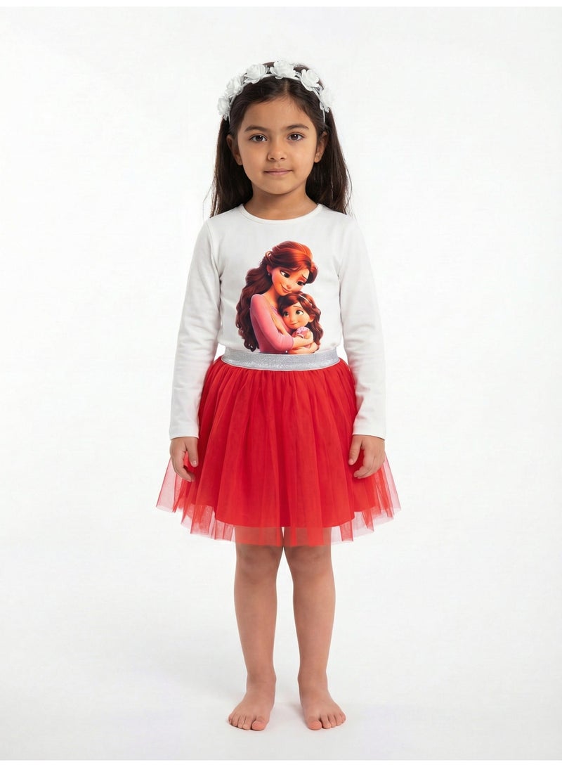 oem Girls Red Skirt Set, 2-Piece (White Long Sleeve Cotton Top & Voluminous Tulle Skirt with Sequin Waist) - Ages 2 to 14 Years. - Image 1