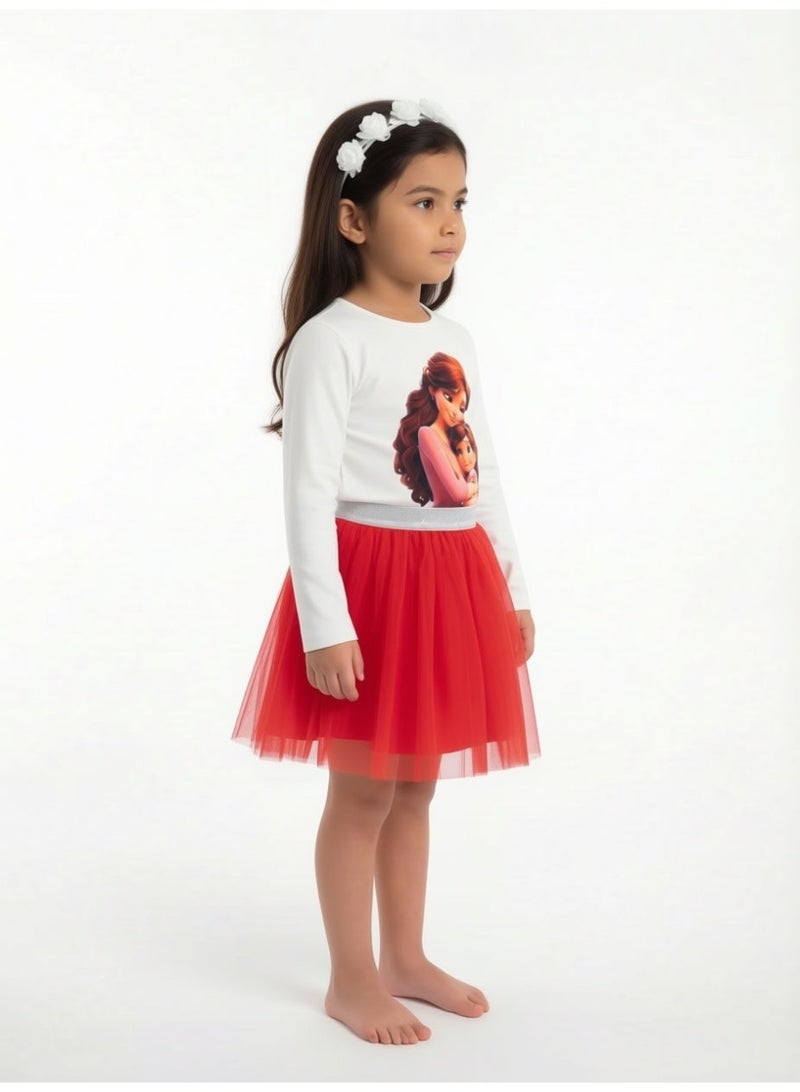 oem Girls Red Skirt Set, 2-Piece (White Long Sleeve Cotton Top & Voluminous Tulle Skirt with Sequin Waist) - Ages 2 to 14 Years. - Image 2