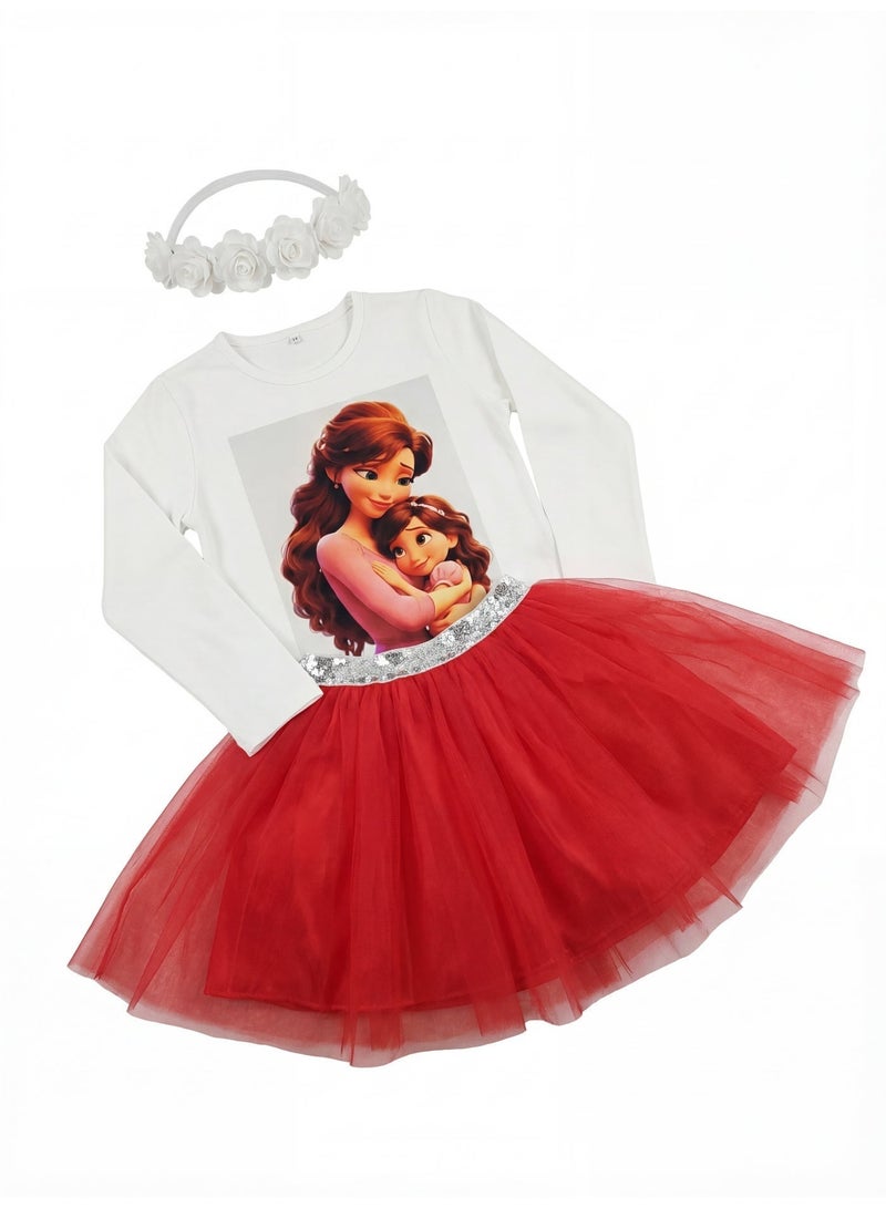 oem Girls Red Skirt Set, 2-Piece (White Long Sleeve Cotton Top & Voluminous Tulle Skirt with Sequin Waist) - Ages 2 to 14 Years. - Image 3