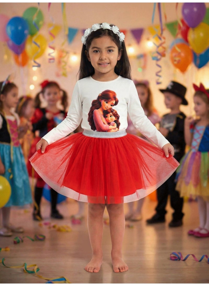 oem Girls Red Skirt Set, 2-Piece (White Long Sleeve Cotton Top & Voluminous Tulle Skirt with Sequin Waist) - Ages 2 to 14 Years. - Image 5